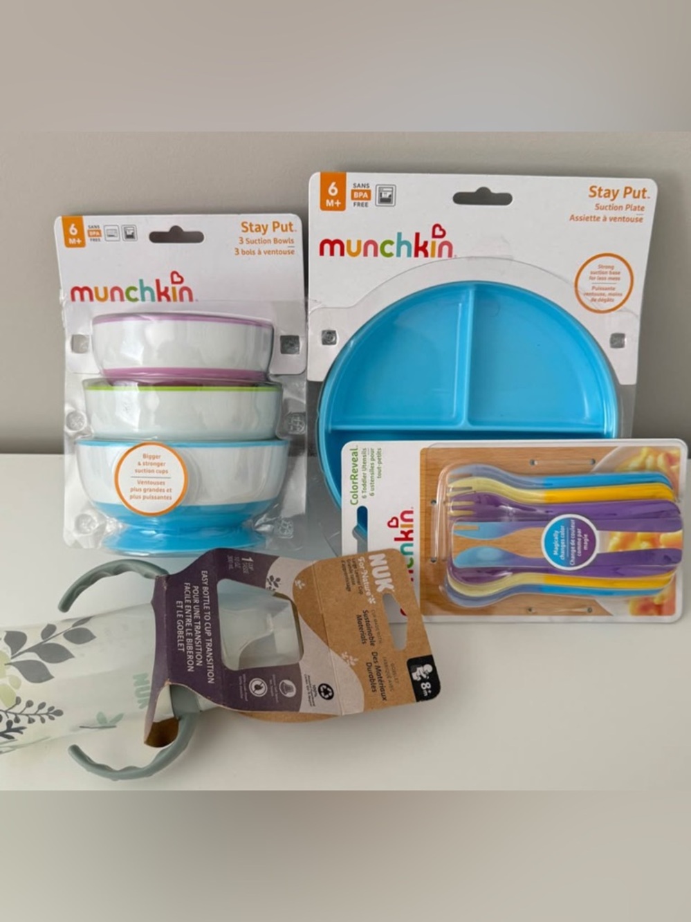 Munchkin Suction Plate, Suction Bowls, Spoon and Fork, and NUK bottle Lot
